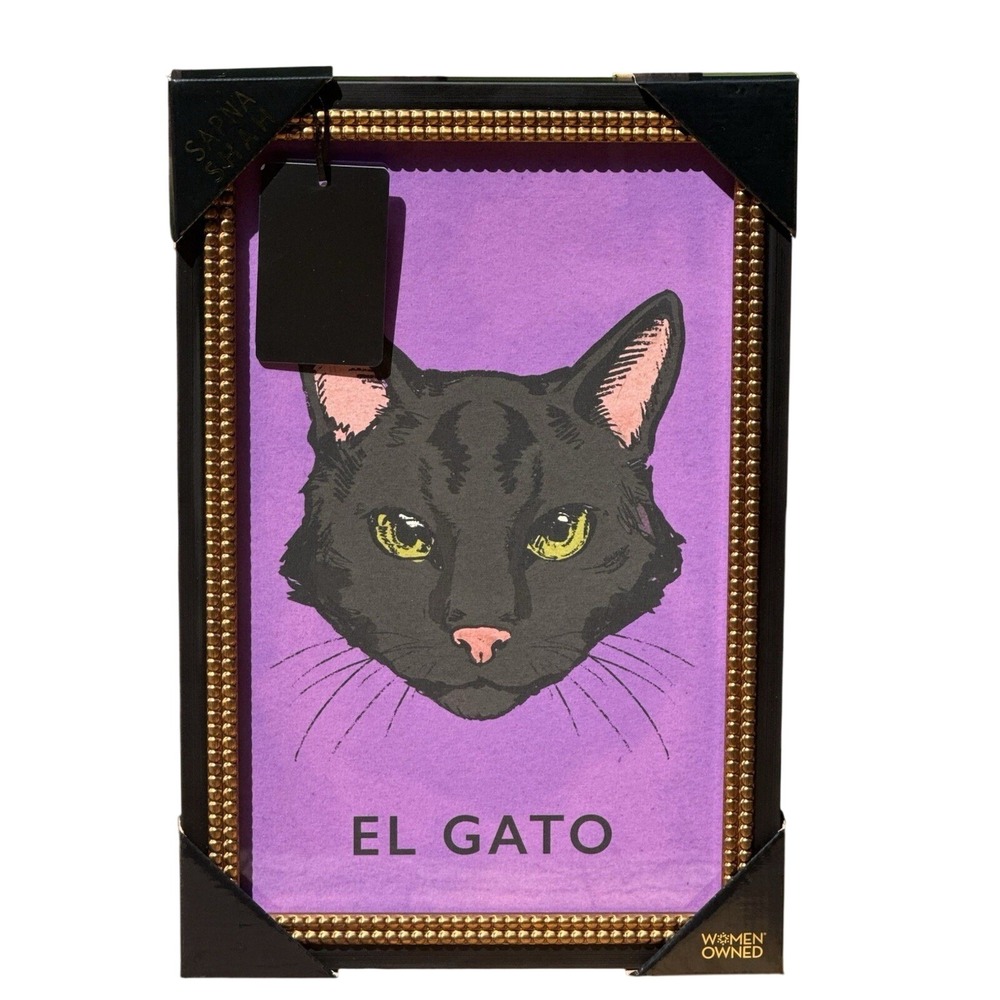 NEW El Gato 56 Framed Black Cat Art Print Sapna Shah 12x18 Gold Purple